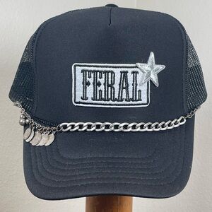 NEW Handcrafted “FERAL” Mesh Snap Back Truck Hat Black Silver Star & Chains